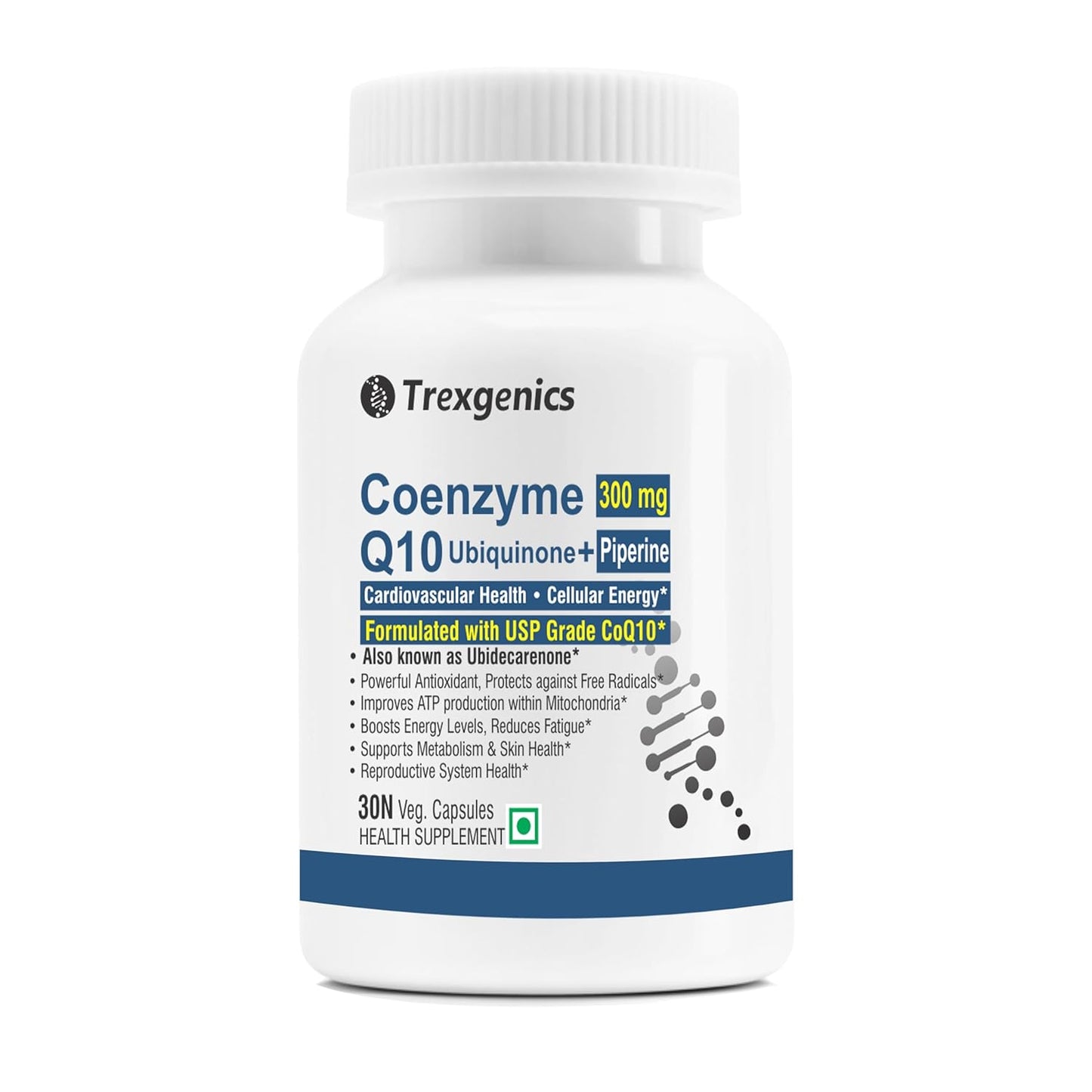 Trexgenics COENZYME Q10 300 mg USP grade Ubiquinone (Ubidecarenone) with Piperine 12 mg Antioxidant, Cellular Energy, Heart Health (30 Veg Capsules))