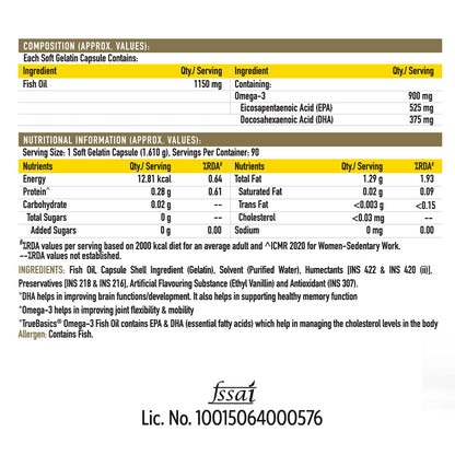 TrueBasics Omega 3 Fish Oil (90 Capsules) | Triple Strength with 1150mg Omega, 525mg EPA & 375mg DHA | For Healthy Heart, Eyes & Joints, 90 grams