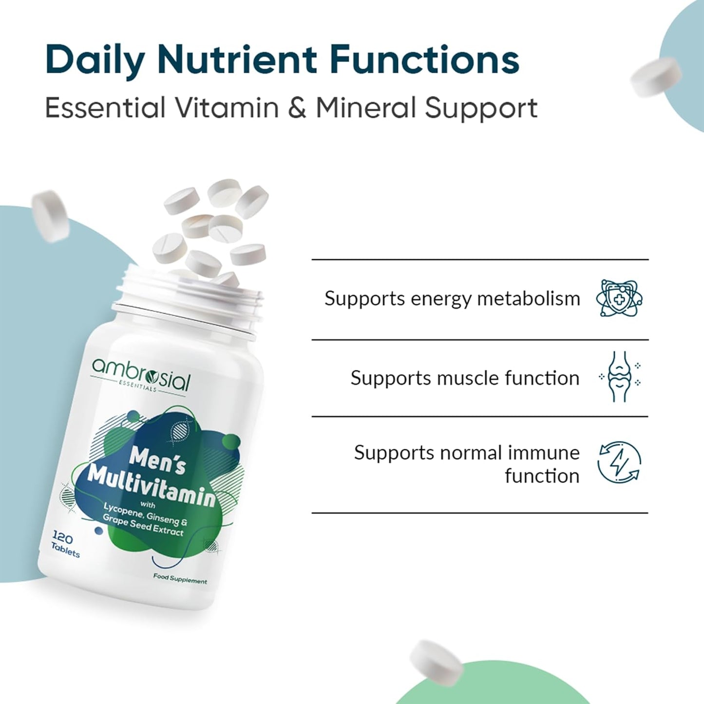 Ambrosial Men's Multivitamin Tablets - Multivitamin for Men with Lycopene, Ginseng & Grapeseed extract- Multivitamins for Men, Supports Muscle Strength, Immunity, Energy & Endurance 120 Tablets