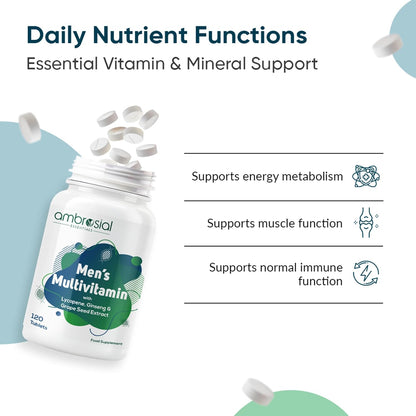 Ambrosial Men's Multivitamin Tablets - Multivitamin for Men with Lycopene, Ginseng & Grapeseed extract- Multivitamins for Men, Supports Muscle Strength, Immunity, Energy & Endurance 120 Tablets