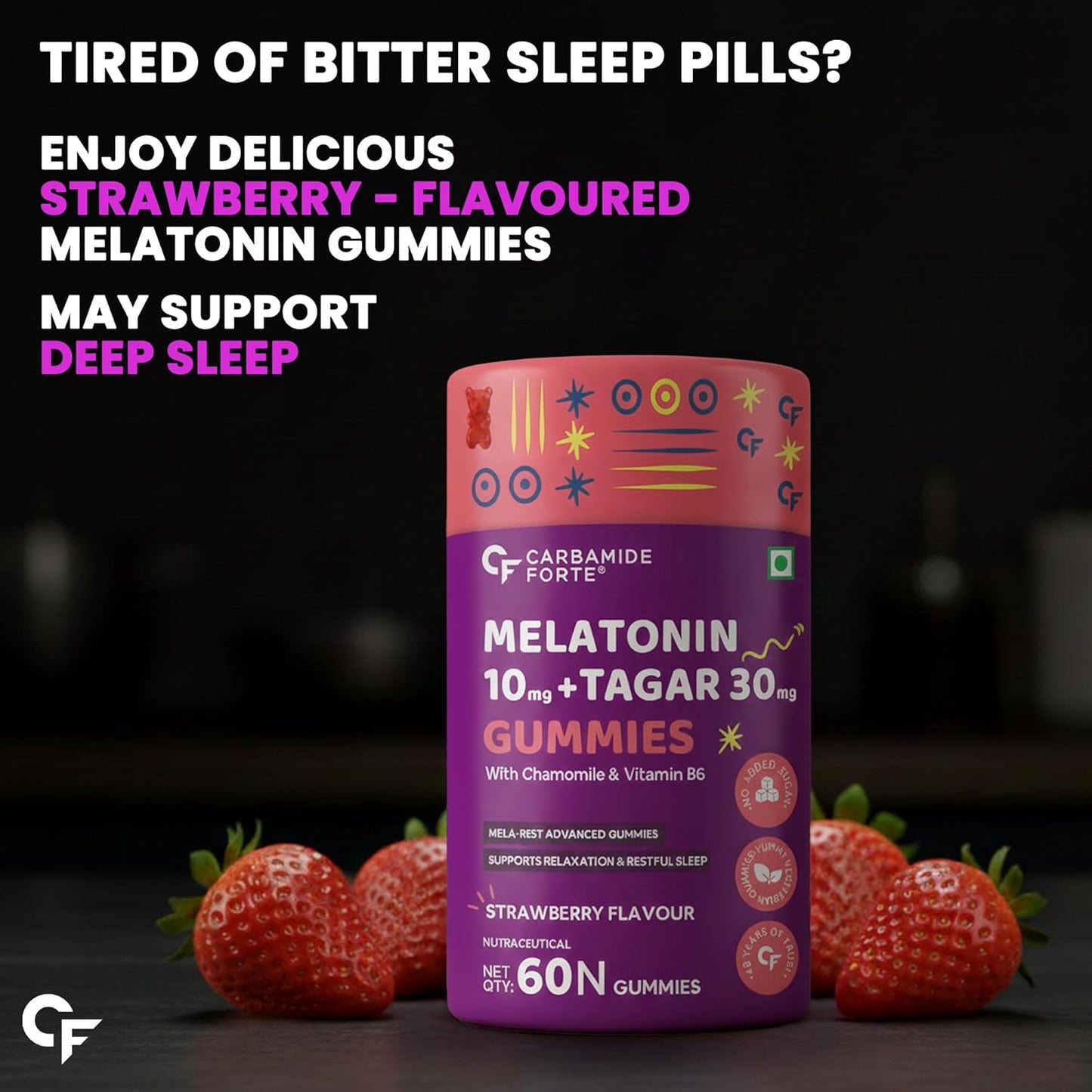 Carbamide Forte Melatonin 10 mg sleep Gummies - with TAGARA, L Tryptophan & Vitamin B6 | Sleep Supplements â€“ 60 Veg Gummies