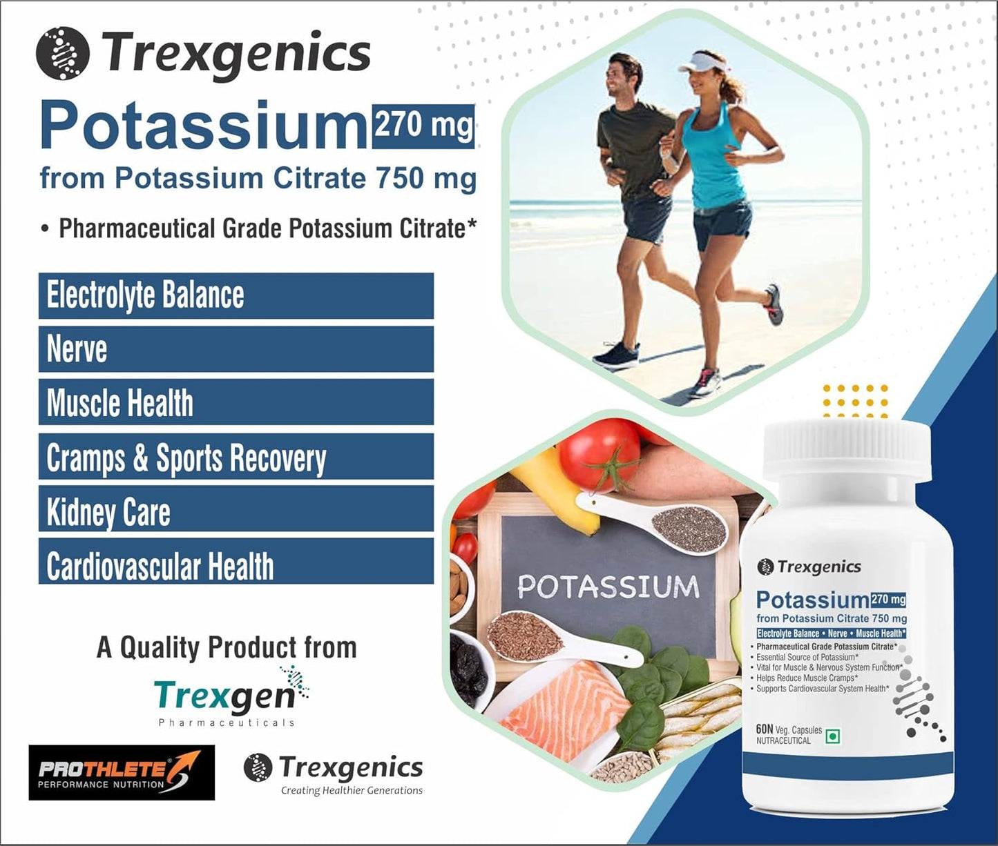 Trexgenics POTASSIUM CITRATE 750 mg Pharmaceutical Grade Electrolyte Balance, Nerve & Muscle Health VEGAN & NON-GMO (60 Vcaps) (Pack of 1)
