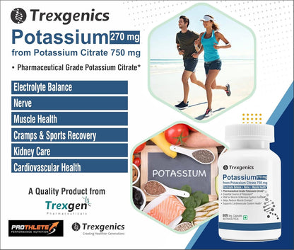 Trexgenics POTASSIUM CITRATE 750 mg Pharmaceutical Grade Electrolyte Balance, Nerve & Muscle Health VEGAN & NON-GMO (60 Vcaps) (Pack of 1)