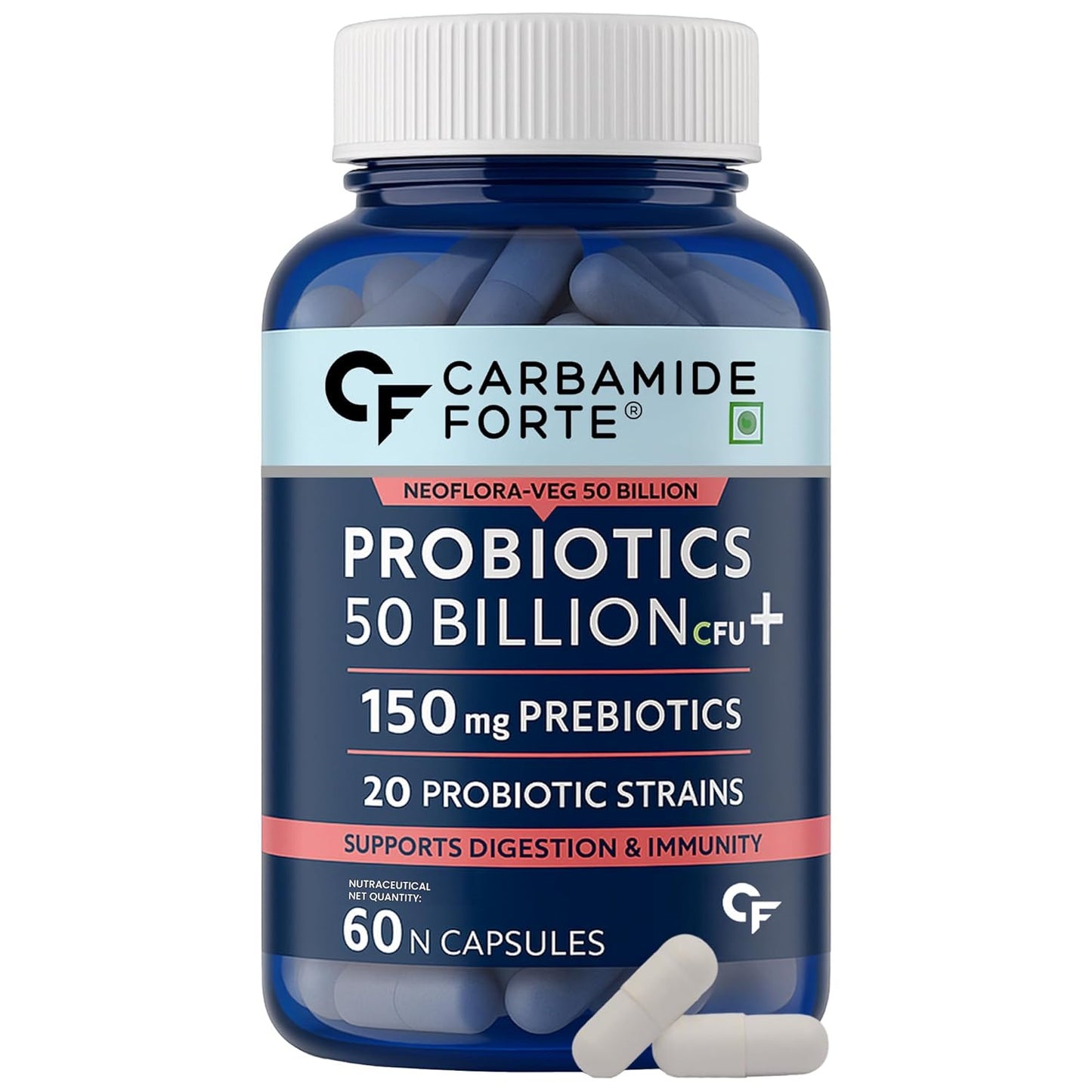 Carbamide Forte Probiotics Supplement 50 Billion CFU Gut Health Supplements with Probiotic | Gut Cleanse with Prebiotics and Probiotics â€“ 60 Capsules