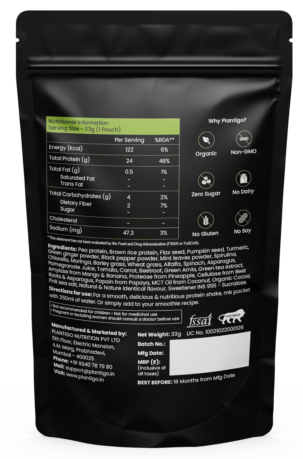 Plantigo Clean Plant Protein Powder | No Preservatives, No Banned Substances | Super Protein Blend - Pea, Brown Rice | Vegan Green Protein For Men, Women (Swiss Chocolate - 36g Travel Pouch | Sachet)