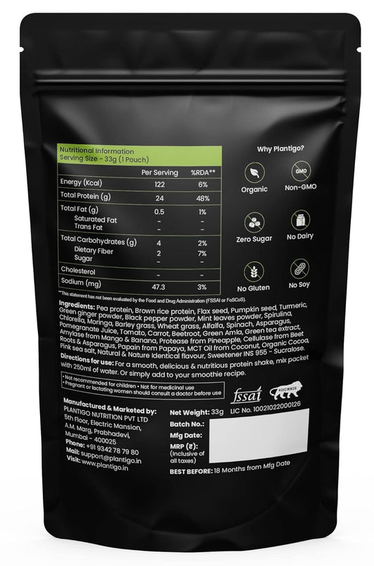Plantigo Clean Plant Protein Powder | No Preservatives, No Banned Substances | Super Protein Blend - Pea, Brown Rice | Vegan Green Protein For Men, Women (Swiss Chocolate - 36g Travel Pouch | Sachet)