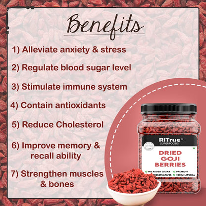 RiTrue Organic Dried Goji Berries without Sugar - 200 Gm - Unsweetened Goji Berry Dry Fruits