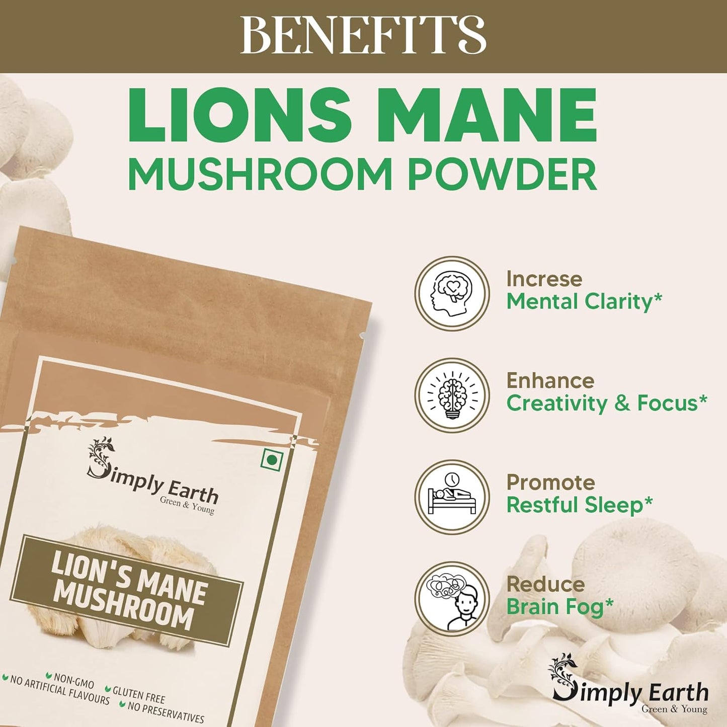 Simply earth Lion's Mane Mushroom Extract Powder 10:1, Improves Memory, Focus, Clarity | 60gm