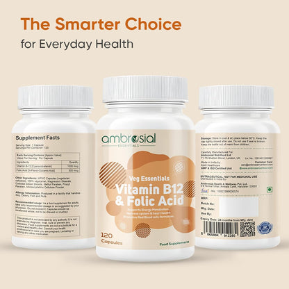 Ambrosial Vitamin B12 1000 mcg + 500 mcg Folic Acid | High Strength 1500 mcg b12 vitamin & Folic Acid |Reduction of Tiredness & Fatigue | B12 Supplement for Immune System & Energy | 120 Vegan Capsules