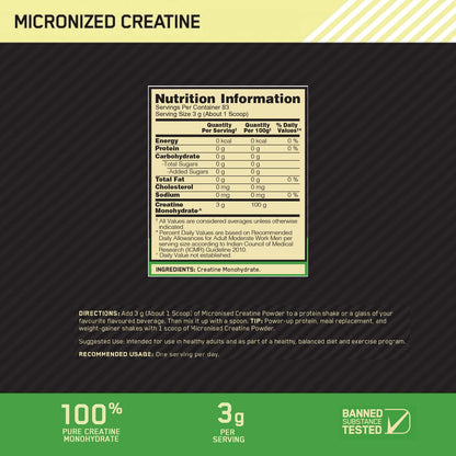 Optimum Nutrition (ON) Micronized Creatine Powder , 83 Serves, 3g of 100% Creatine Monohydrate per serve, Supports Athletic Performance & Power, Unflavored.