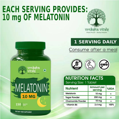 Vruksha Vitals Melatonin 10 mg Tablets for Sleeping Support with Tagar Root Extract, Chamomile Extract and Vitamin B6-150 tablets/capsules pills