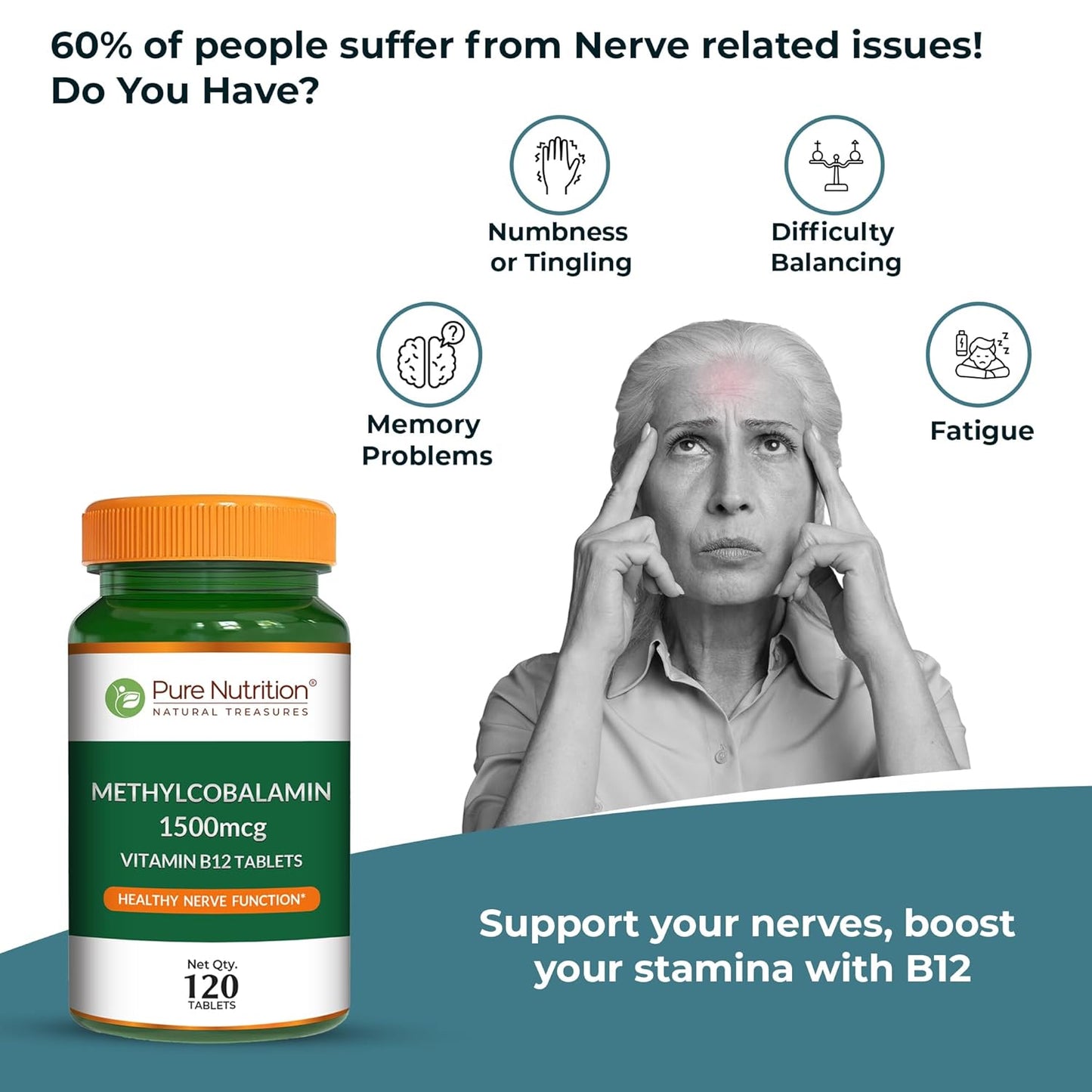 Pure Nutrition Vitamin B12 (1500mcg) - 120 Veg Tablets | Methylcobalamin B12 for Men & Women | Boosts Immunity & Energy Levels | Supports Brain, Nerve & Heart Health | Essential for Red Blood Cell Formation
