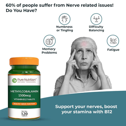Pure Nutrition Vitamin B12 (1500mcg) - 120 Veg Tablets | Methylcobalamin B12 for Men & Women | Boosts Immunity & Energy Levels | Supports Brain, Nerve & Heart Health | Essential for Red Blood Cell Formation