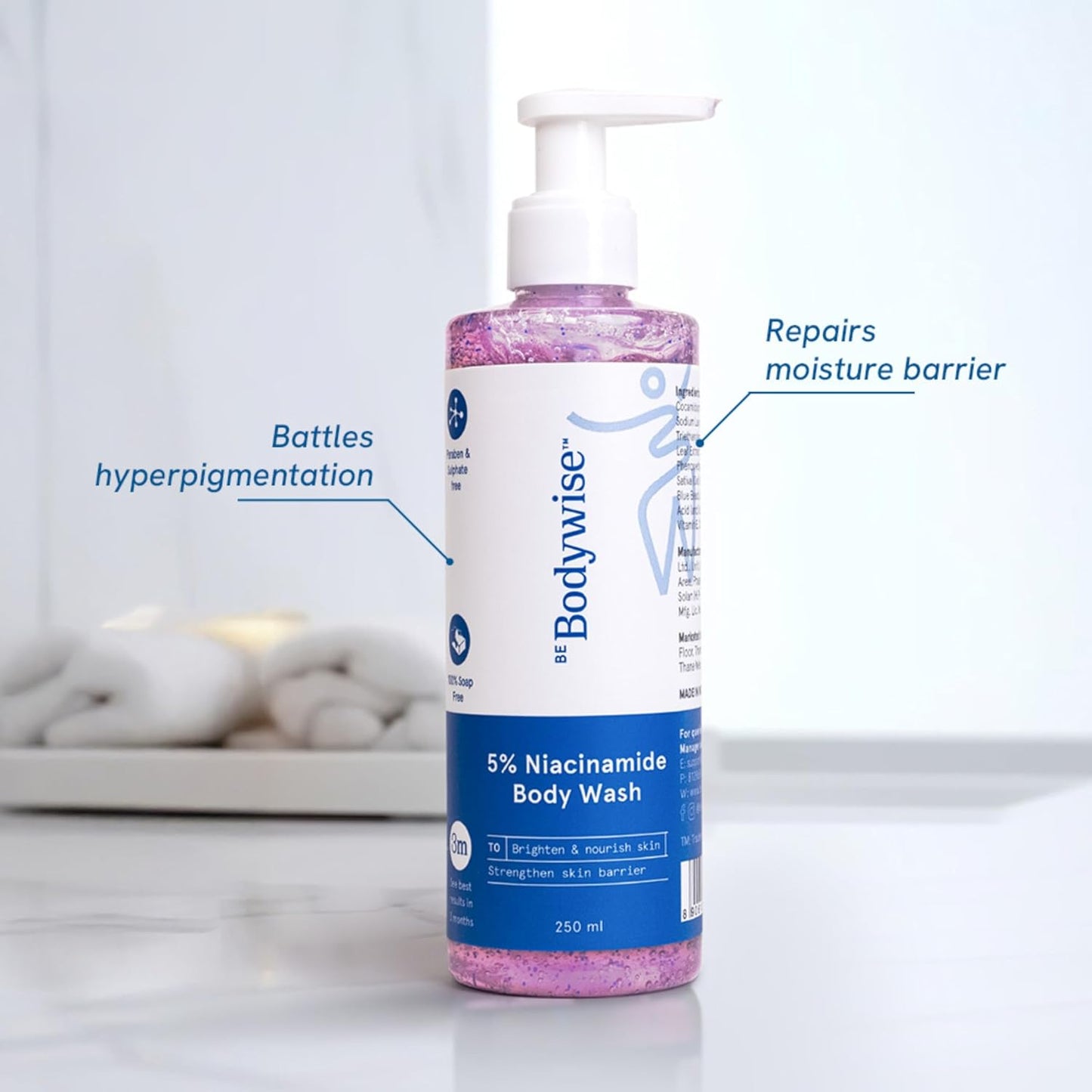 Be Bodywise 5% Niacinamide Brightening Body Wash | Hydrates & Deep Cleanses Skin | For Glowing & Hydrated Skin | With Aloe vera, Vitamin B3 & E | For All Skin Types | 250ml