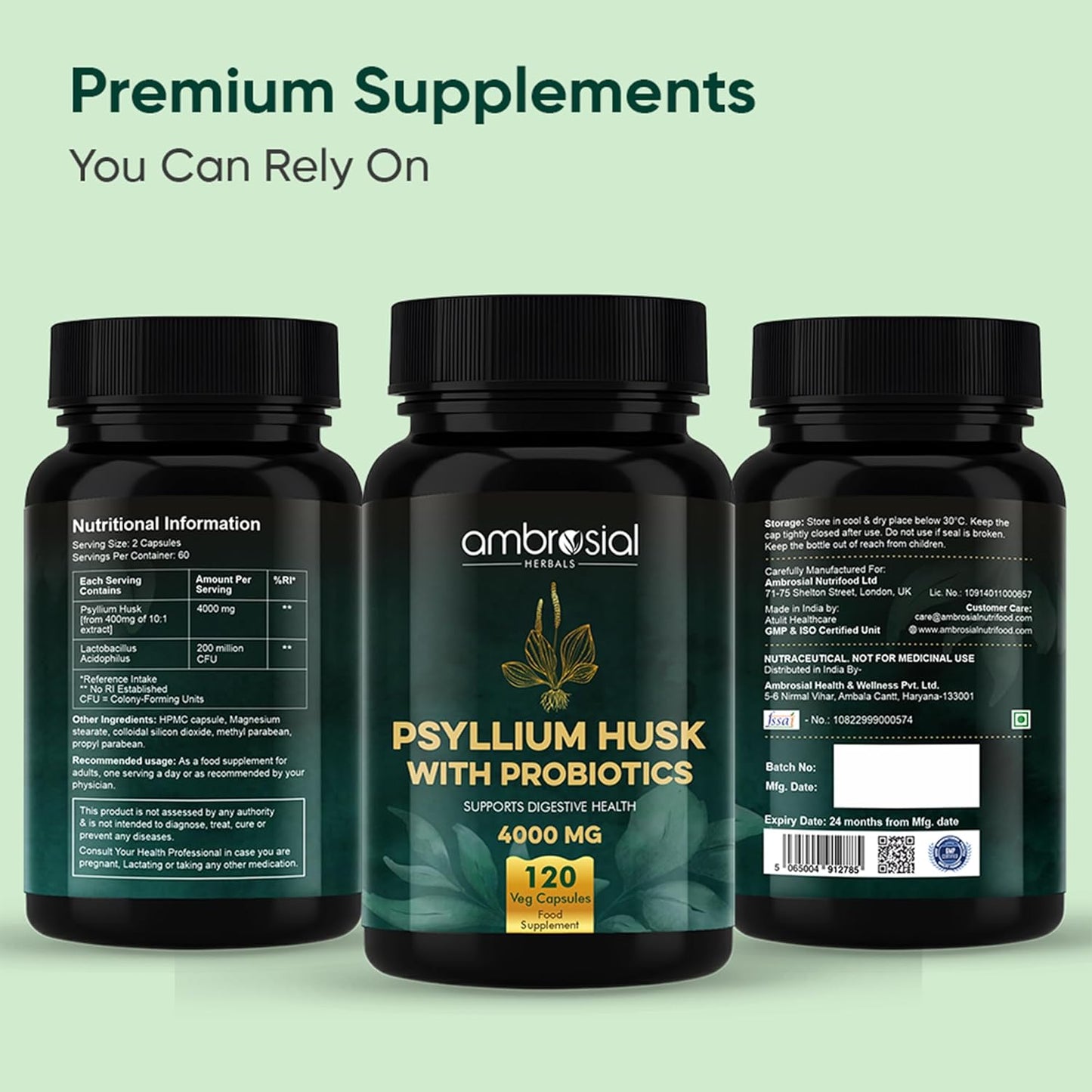 Ambrosial Psyllium Husk Capsules - 4000 MG with Probiotics: Detoxify and Revitalize Your Digestive System with Natural Fiber Support - 120 Vegan Capsules