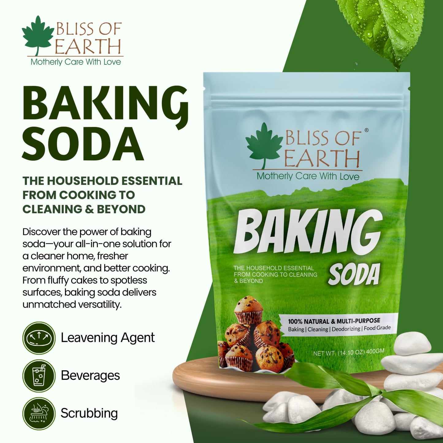 Bliss of Earth Baking Soda For Food & Cleaning Purpose, 400gm, Pure Sodium Bicarbonate for Baking, Cleaning, and Deodorizing, Food Grade, Non-GMO, Eco-Friendly