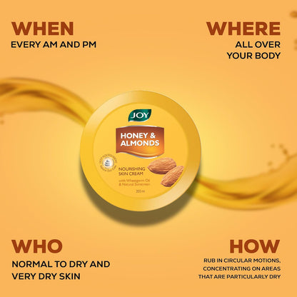 Joy Honey & Almonds Deep Nourishing Moisturizer for Dry Skin | Cold Cream for Face, Hands & Body | Contains Natural Sunscreen for Glowing Skin | Retains Natural Moisture Balance, 200ml