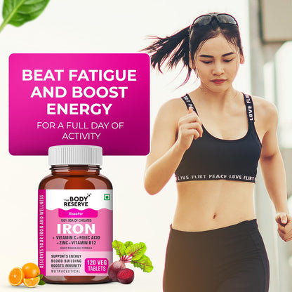 The Body Reserve Chelated Iron + Vitamin C Tablets-120 capsules with Vitamin B12,Zinc,Folic Acid,Beetroot Extract-High Absorption,Supports Blood Building,Energy & Immunity,100% RDA,1 count