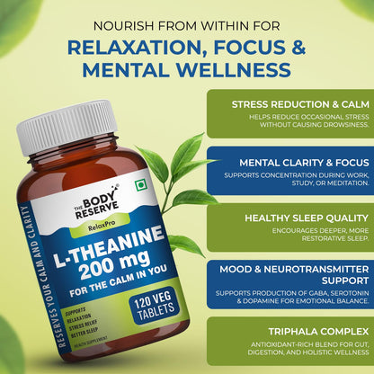 The Body Reserve L-Theanine 200mg 120 Veg Tablets L Theanine Supplements Supports Stress Relief, Reduce Anxiety, Brain Health & Promotes Relaxation