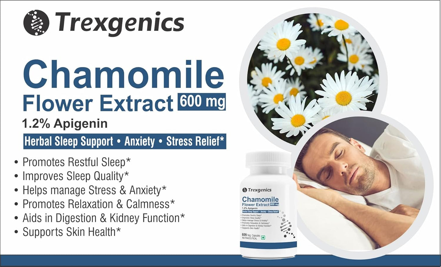 Trexgenics CHAMOMILE 1.2% Apigenin 600 mg Sleep, Relexation, Kidney & Urinary tract support VEGAN & NON-GMO (60 Veg. Capsules) (Pack of 1)