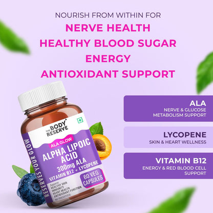 The Body Reserve Alpha Lipoic Acid 300mg with Lycopene & Vitamin B12 | Nerve Health, Energy, Antioxidant & Healthy Blood Sugar Support | Vegan, Non-GMO, 60 Tablets