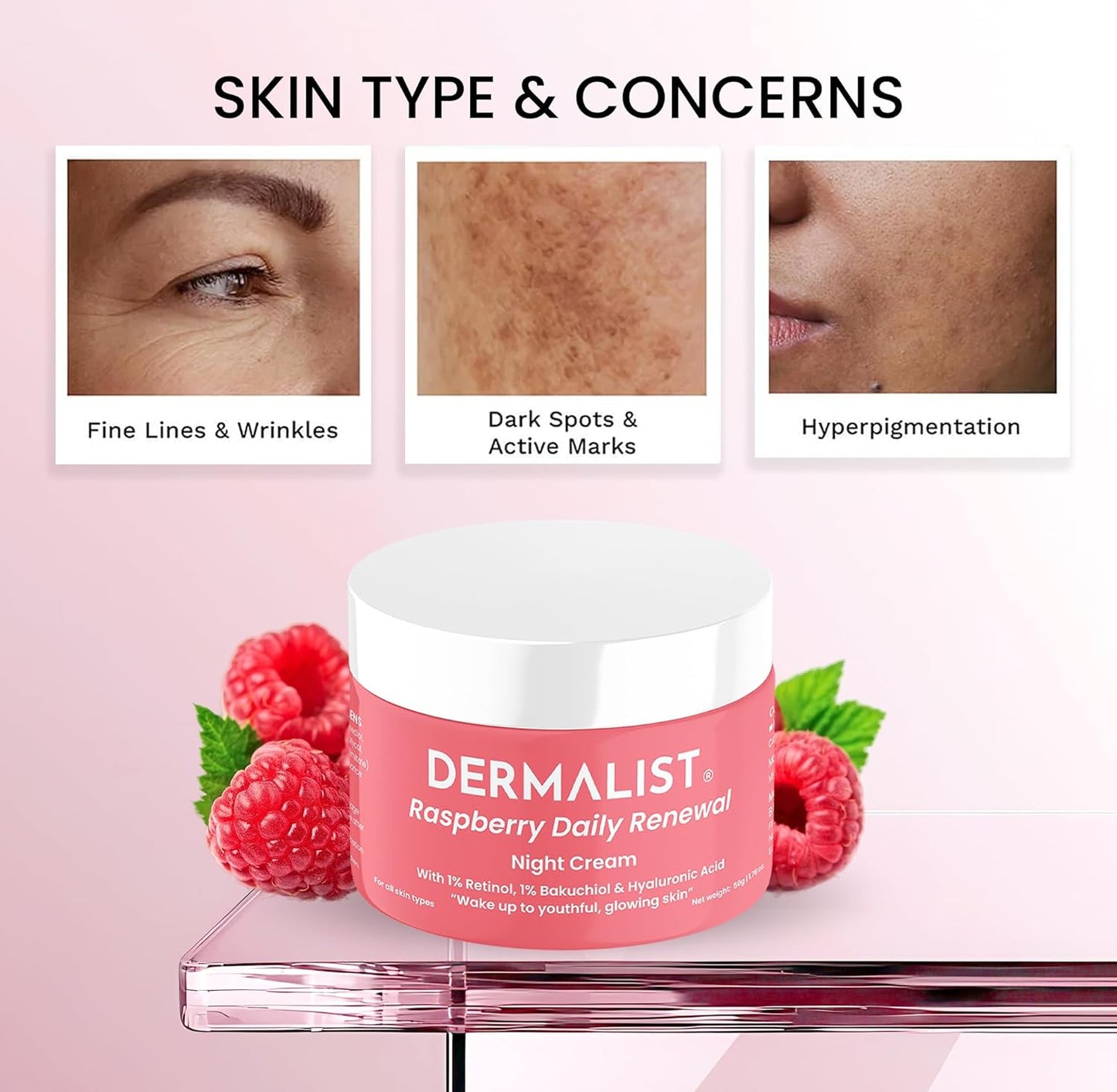 Dermalist Raspberry Daily Renewal 1% Retinol & 1% Bakuchi Oil Anti Ageing Night Cream | Reduces Fine Line & Wrinkles | For Men & Women | 50 G