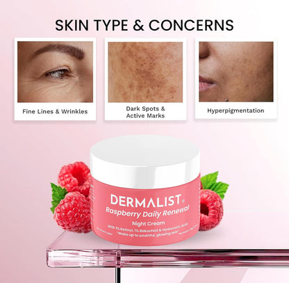 Dermalist Raspberry Daily Renewal 1% Retinol & 1% Bakuchi Oil Anti Ageing Night Cream | Reduces Fine Line & Wrinkles | For Men & Women | 50 G
