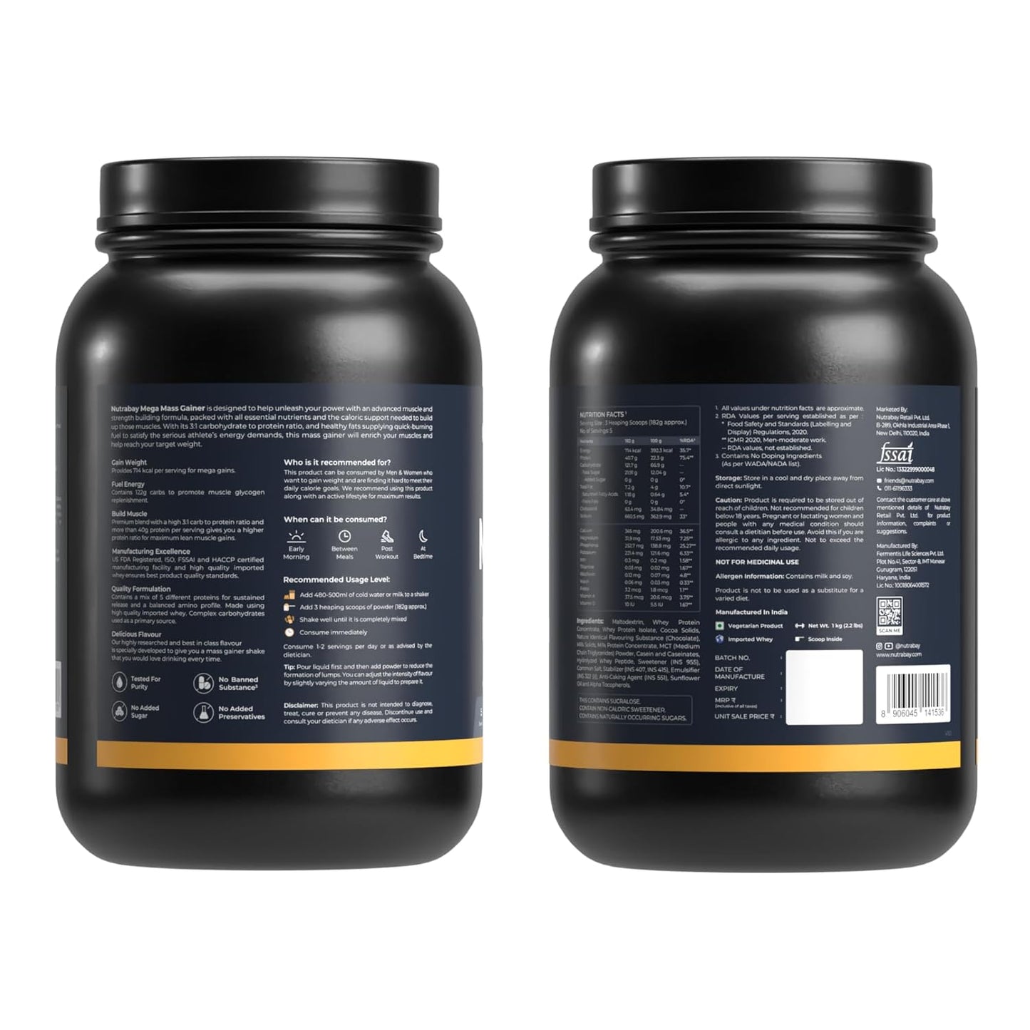 Nutrabay Gold Mega Mass Gainer Powder - 1kg, Rich Chocolate Creme | 100% Veg | 40.7g Protein, 122g Carbs, 714 Calories | Muscle Building & Weight Gainer Supplement for Men & Women