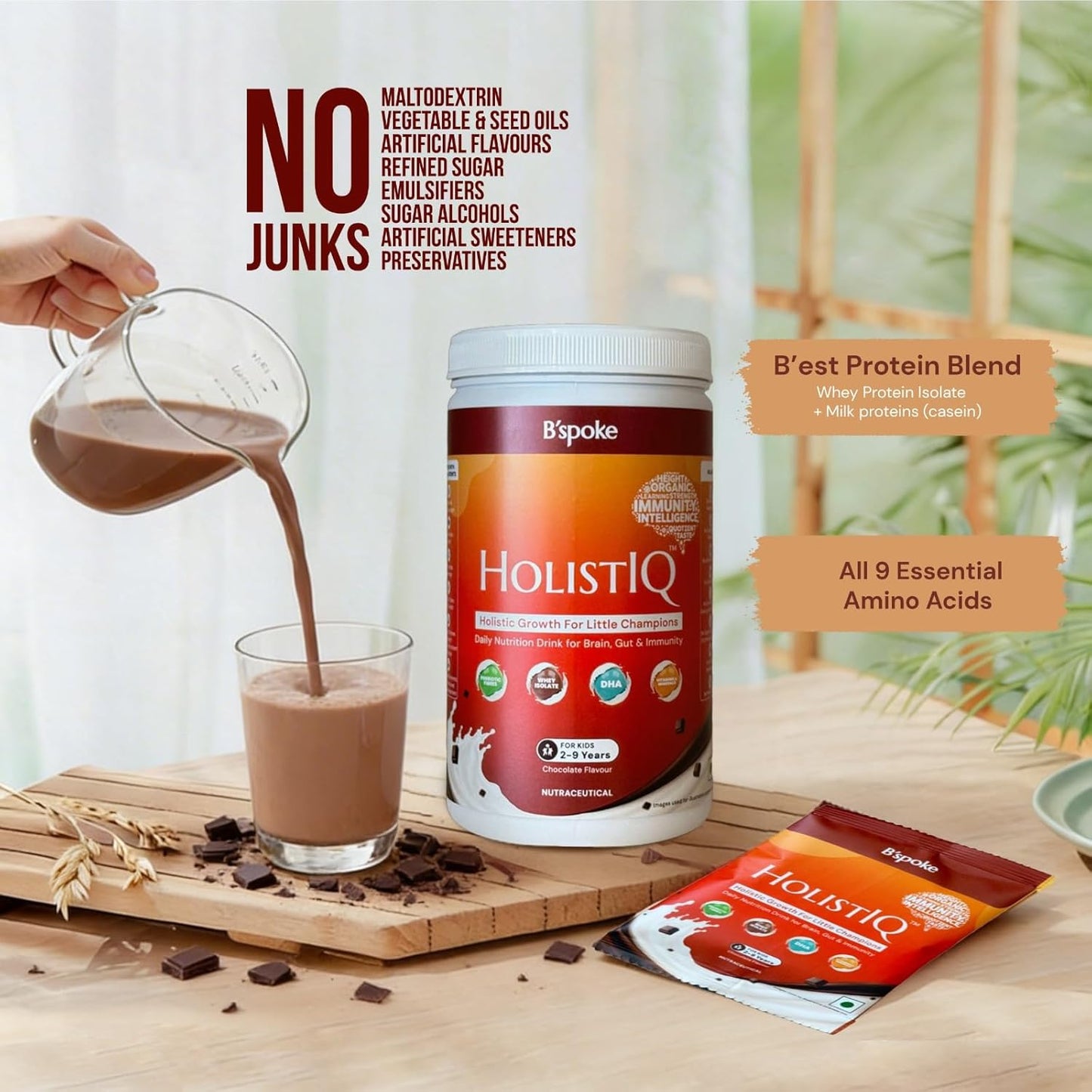 HolistIQ Chocolate Nutrition Drink for Kids (2â€“9 Years) | Whey Protein Isolate & Milk Protein Blend with 9 Essential Amino Acids | No Refined Sugar, No Fillers, No Emulsifiers | 400 g