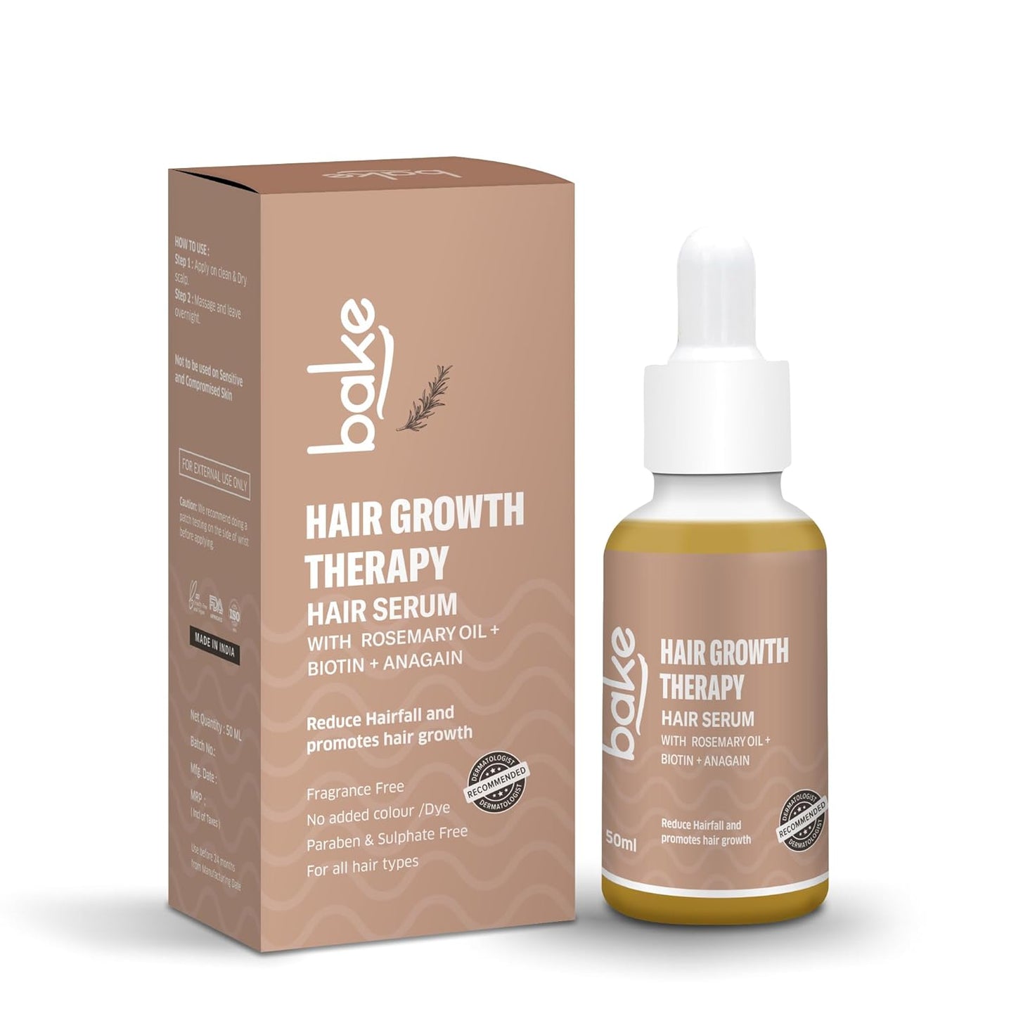 BAKE 95% Pure Rosemary Oil Hair Serum for Hairfall Control with Anagain & Biotin | Scalp Serum For Hair Growth & Dry, Frizzy Hair | For Women & Men | 50ml