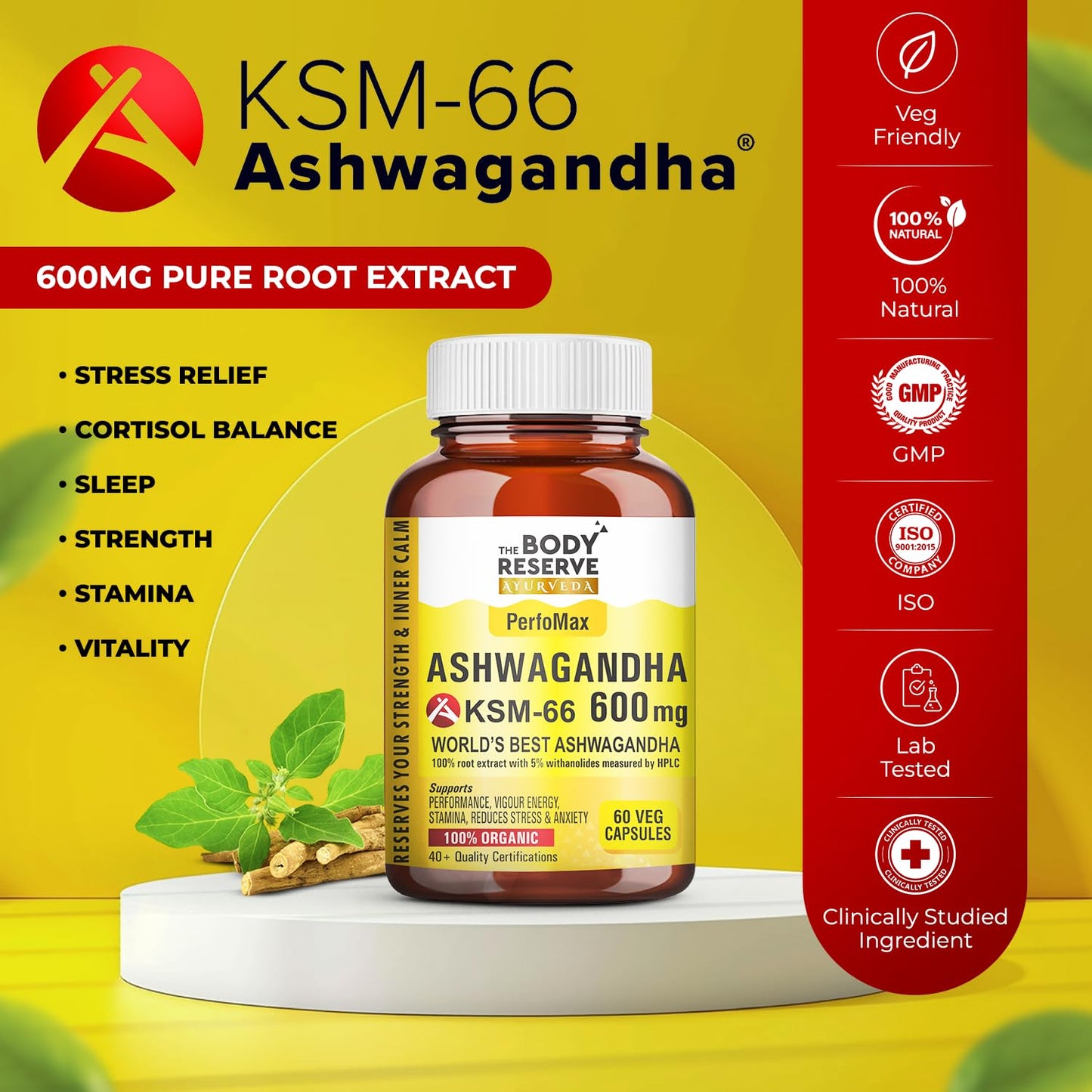 The Body Reserve Ashwagandha KSM66-60 Capsules Ashwagandha KSM 66 for men & Women Supports Stress Management & Muscle Recovery