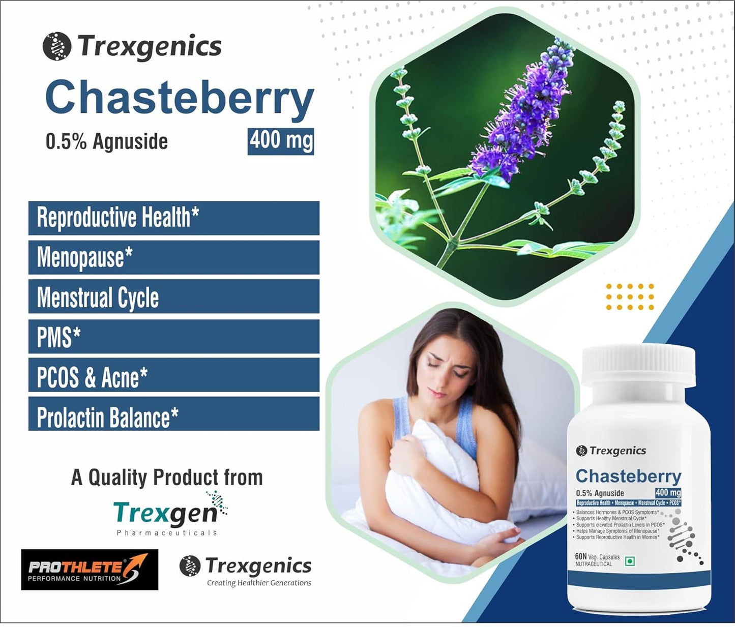 Trexgenics CHASTEBERRY 0.5% Agnuside 400 mg Reproductive System Health, Menopause, Menstrual Cycle, Prolactin & PCOS Support VEGAN & NON-GMO (60 Vcaps) (Pack of 1)