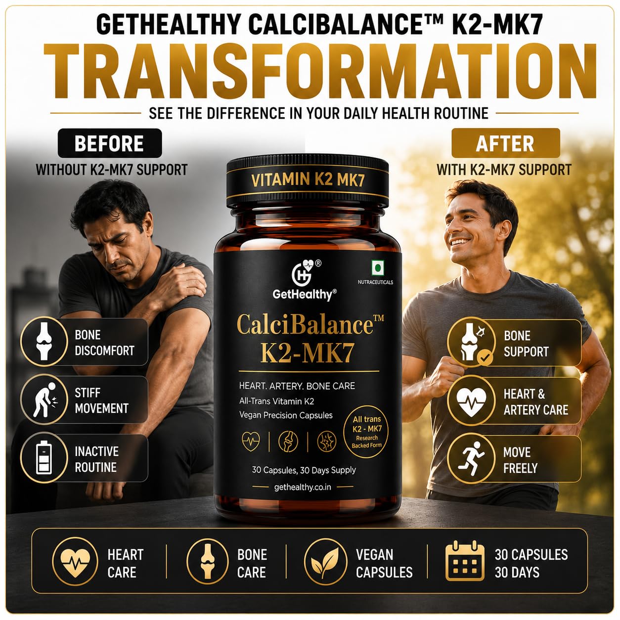 GetHealthyÂ® CalciBalanceâ„¢ Vitamin K2 MK7 55 mcg | All-Trans Menaquinone-7 | Daily Bone Wellness Support | Vegetarian Capsules | Made in India | 120 Count