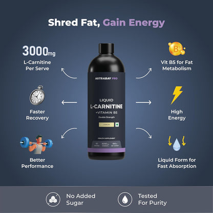 Nutrabay Pro Liquid L-Carnitine (3000mg) with Vitamin B5 â€“Pre/Post Workout â€“ 450ml, Lemon, 30 Servings | Tested for Purity | 100% Authentic Metabolism Booster for Weight Loss Support | 2X Strength