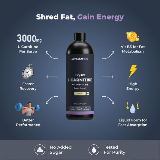 Nutrabay Pro Liquid L-Carnitine (3000mg) with Vitamin B5 â€“Pre/Post Workout â€“ 450ml, Lemon, 30 Servings | Tested for Purity | 100% Authentic Metabolism Booster for Weight Loss Support | 2X Strength