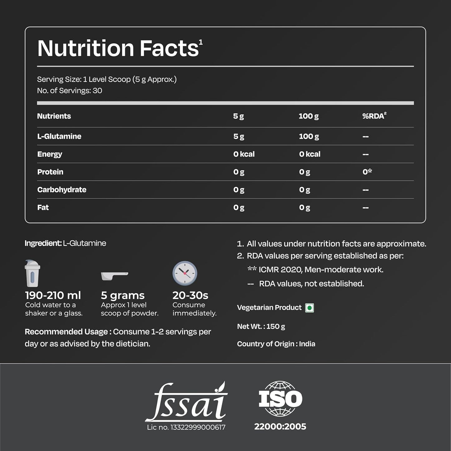 Nutrabay Pure L-Glutamine Powder 5000mg, Amino Acid - Post Workout Supplement for Muscle & Immunity Build Up - 150g, Unflavoured | 100% Authentic Supplement | No Banned Substances | Tested for Purity