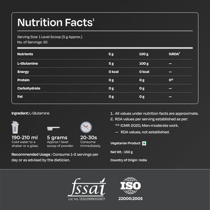 Nutrabay Pure L-Glutamine Powder 5000mg, Amino Acid - Post Workout Supplement for Muscle & Immunity Build Up - 150g, Unflavoured | 100% Authentic Supplement | No Banned Substances | Tested for Purity