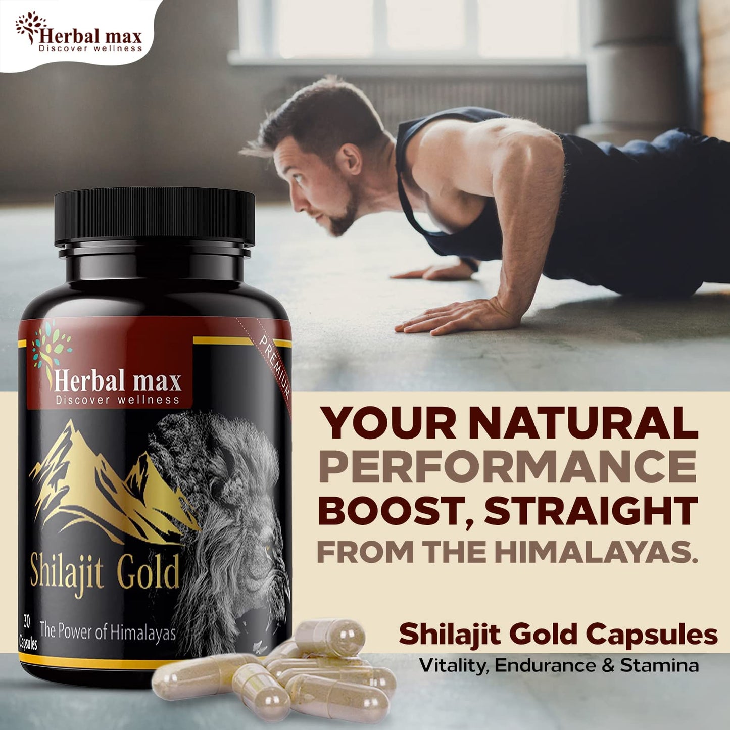 Herbal Max Himalayan Shilajit Gold â€“ 800mg | 30 Capsules | With Ashwagandha, Safed Musli & More | Boosts Strength, Stamina, Energy & Immunity | Ayurvedic Supplement for Men