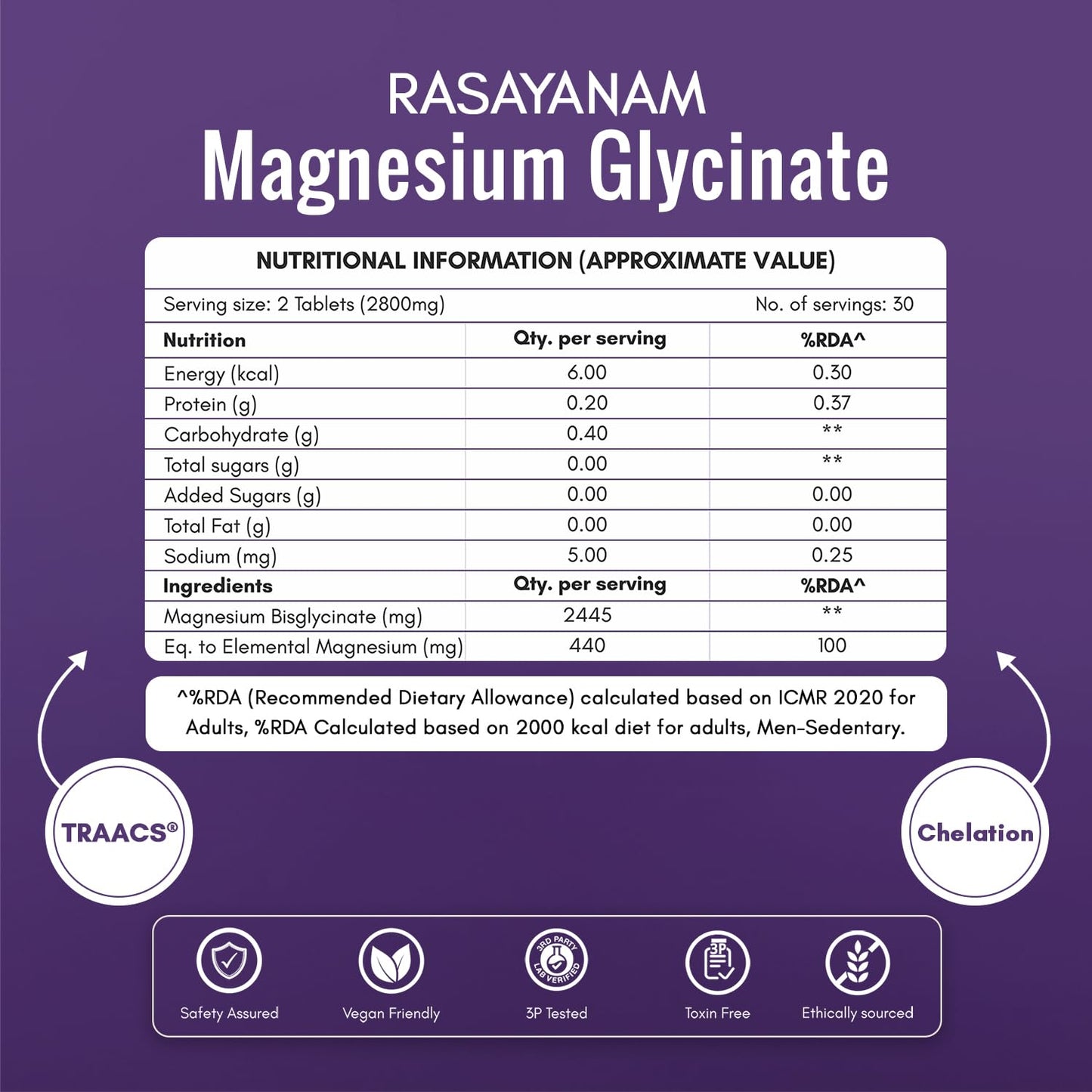 Rasayanam Chelated Magnesium Glycinate (2445 mg) - 60 Tablets | 440 mg Elemental Magnesium | High Absorption Magnesium Supplement | Supports Sleep, Relaxation & Muscle Recovery | Patented TRAACSÂ®