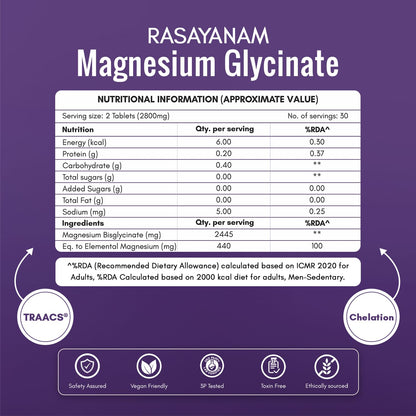 Rasayanam Chelated Magnesium Glycinate (2445 mg) - 60 Tablets | 440 mg Elemental Magnesium | High Absorption Magnesium Supplement | Supports Sleep, Relaxation & Muscle Recovery | Patented TRAACSÂ®