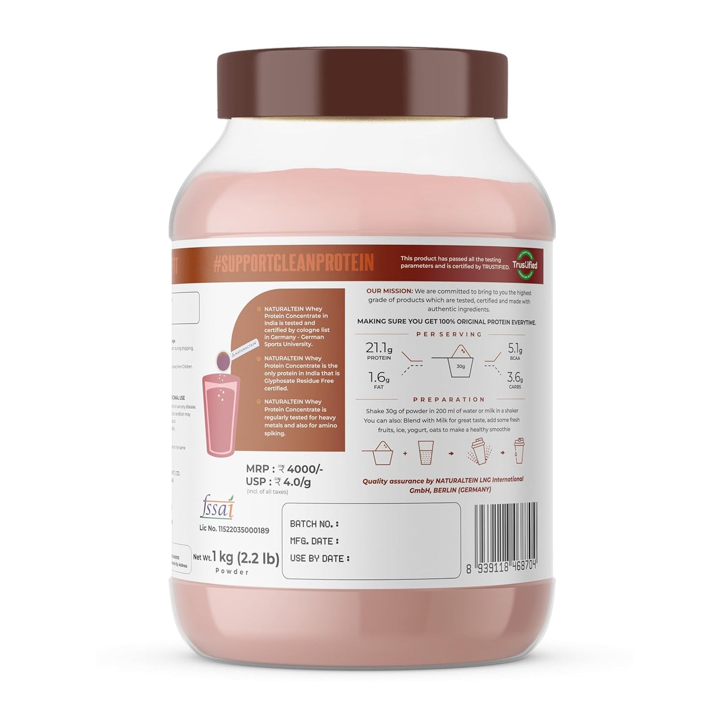 NATURALTEIN Natural Whey Protein Concentrate Italian Ice Cream â€“ 1 kg | 21.1 g Protein per Serving | Naturally Flavoured | No Artificial Sweeteners | Soy-Free, Gluten-Free & Easy to Digest
