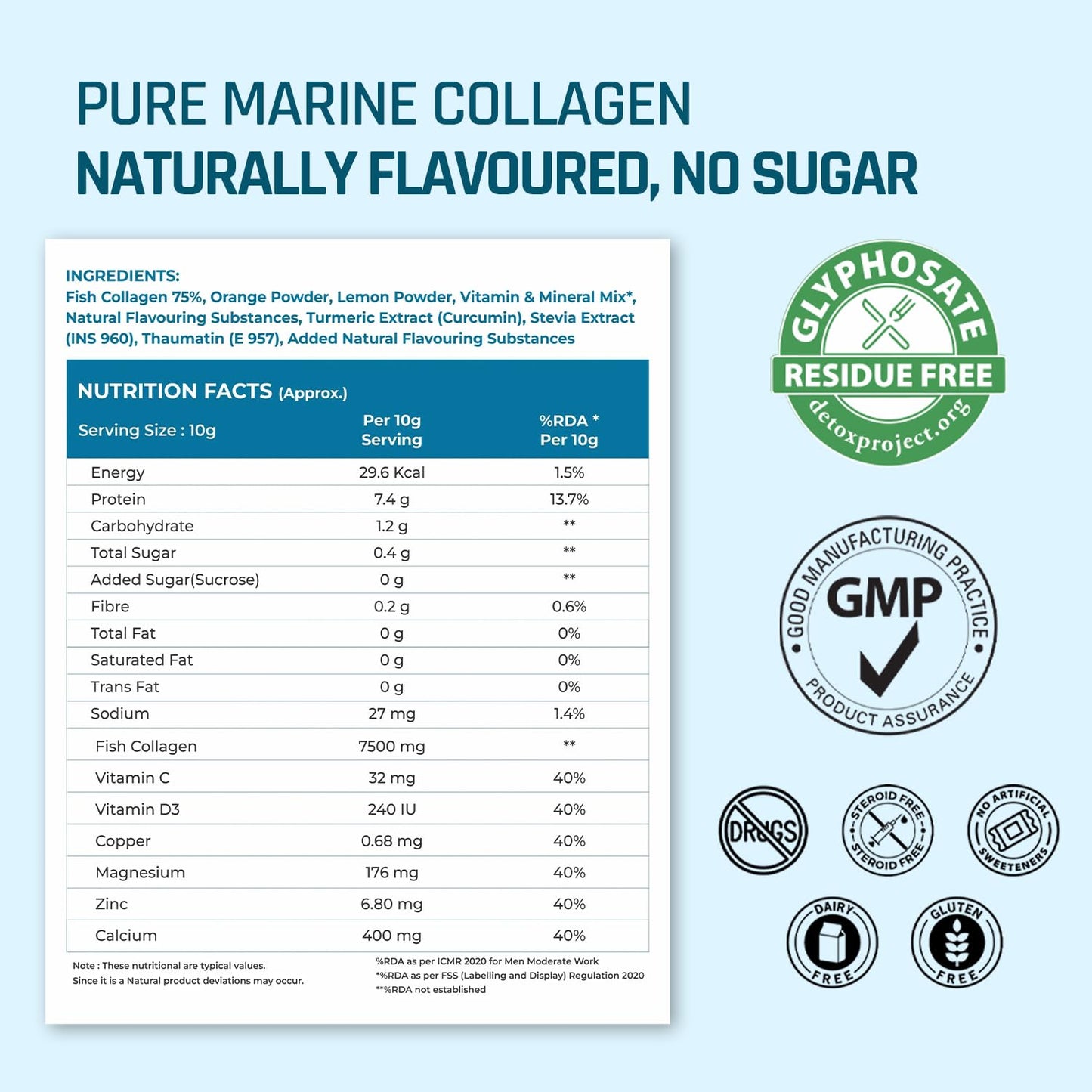 NATURALTEIN Pure Marine Collagen Supplement, 300g | Hydrolyzed Collagen Powder and Amino Acids | Supports Healthy Skin, Hair, Nails, Bone & Joint | Flavour: Orange