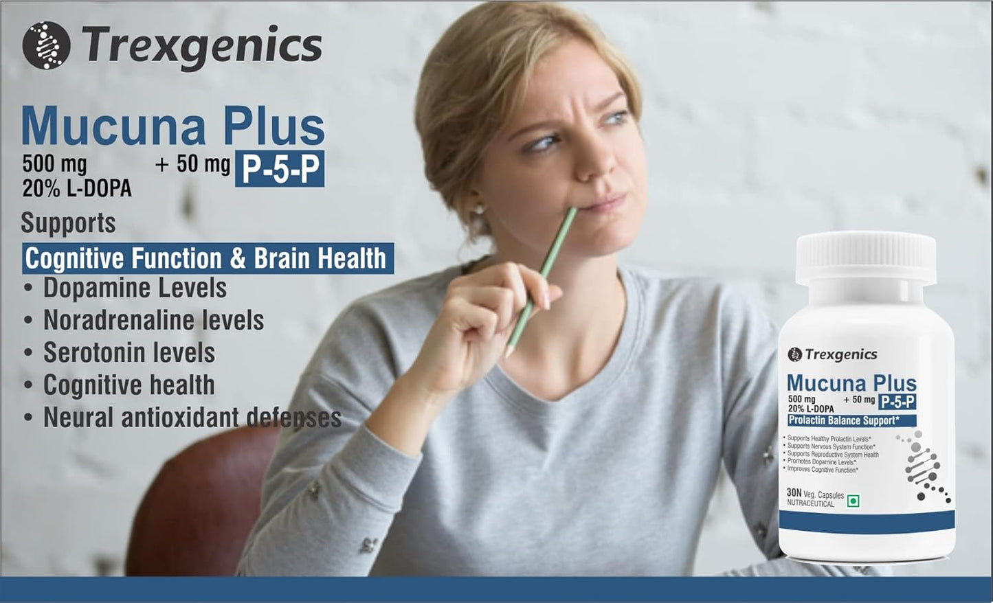 Trexgenics MUCUNA 20% L-DOPA 500 mg, P5P 50 mg Prolactin Support, Cognitive Function VEGAN & NON-GMO (30 Veg. Capsules) (Pack of 1)