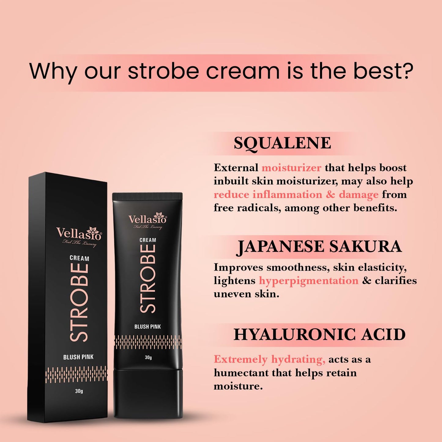 Vellasio Strobe Cream - Blush Pink | Face Illuminator & Primer with Hyaluronic Acid, Squalene & Japanese Sakura | Dewy Glow, Hydration, Non-Comedogenic for All Skin Types - 30g