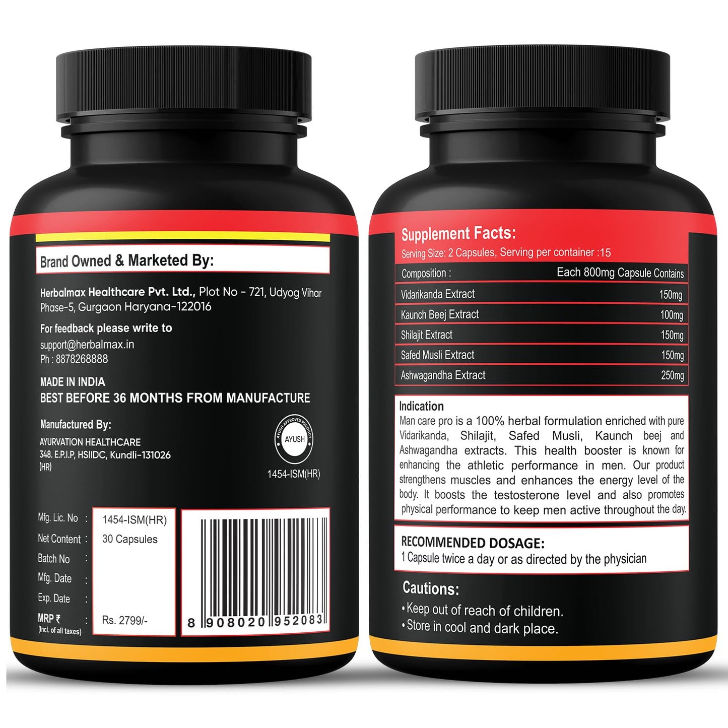 Herbalmax ManCare Pro Capsules â€“ 800mg | With Safed Musli, Shilajit, Ashwagandha, Vaidarikandra & Kaunch Beej Extract | Supports Muscle Strength, Stamina & Physical Performance â€“ 30 Capsules