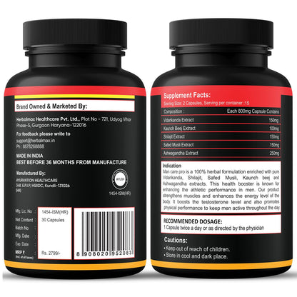 Herbalmax ManCare Pro Capsules â€“ 800mg | With Safed Musli, Shilajit, Ashwagandha, Vaidarikandra & Kaunch Beej Extract | Supports Muscle Strength, Stamina & Physical Performance â€“ 30 Capsules