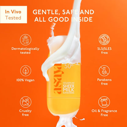 Asaya Sheer Milk Sunscreen SPF 50 PA++++ UVA + UVB | Lightweight Water-Based Fluid Sunscreen with Vitamin C & Niacinamide | Matte & Quick Absorbing | For Acne-Prone, Oily & Combination Skin | 50 ml
