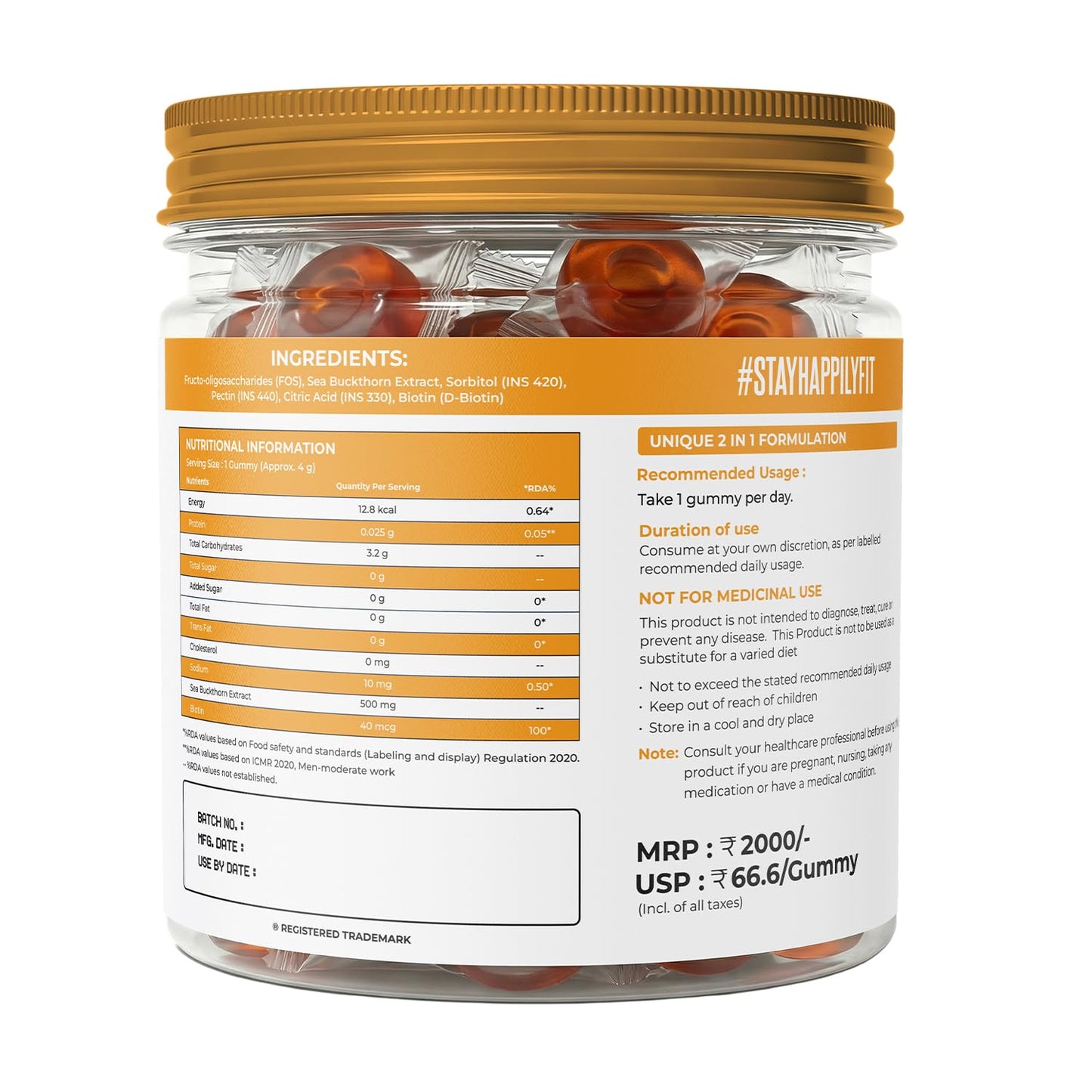Naturaltein Sea Buckthorn Gummies with Biotin | 30 Gummies | Rich in Vitamin C, A, E & B-Complex | Naturally Occurring Antioxidants, Minerals & Amino Acids | Omega 3, 6, 7 & 9 | 500mg Extract + 40mcg Biotin | Supports Hair, Skin & Nails | No Added Sugar