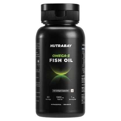 Nutrabay Wellness Omega 3 Fish Oil 1000mg per Capsule, 180mg EPA, 120mg DHA â€“ Vision, Memory, Heart, Skin & Hair Support, No Fishy Aftertaste â€“ 60 Softgel Capsules | Tested for Purity | 100% Authentic