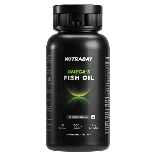 Nutrabay Wellness Omega 3 Fish Oil 1000mg per Capsule, 180mg EPA, 120mg DHA â€“ Vision, Memory, Heart, Skin & Hair Support, No Fishy Aftertaste â€“ 60 Softgel Capsules | Tested for Purity | 100% Authentic